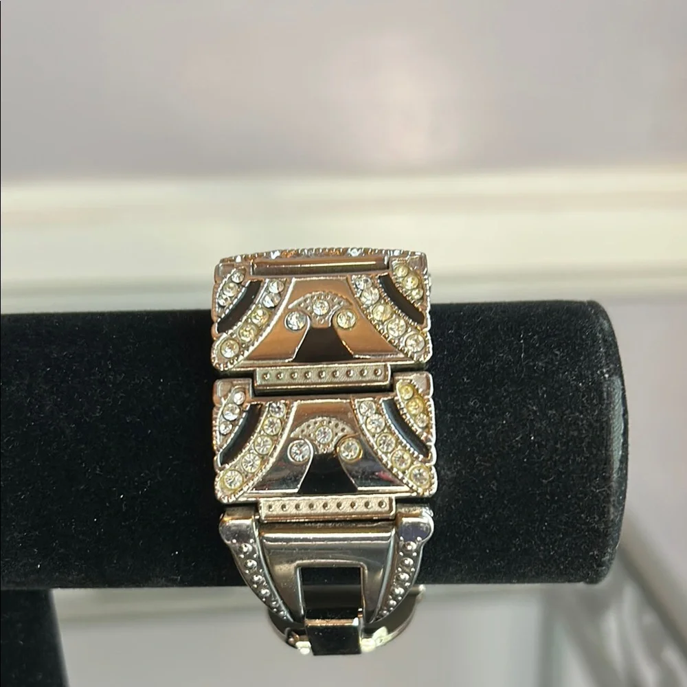 Vintage Dejuno Art Deco silver and black sparkly wide metal quartz watch